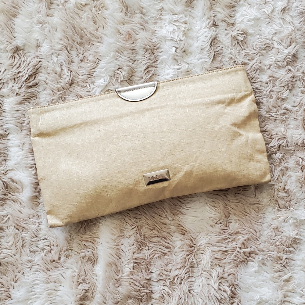 Moschino Linen Envelope Clutch Cream Designer Evening Bag